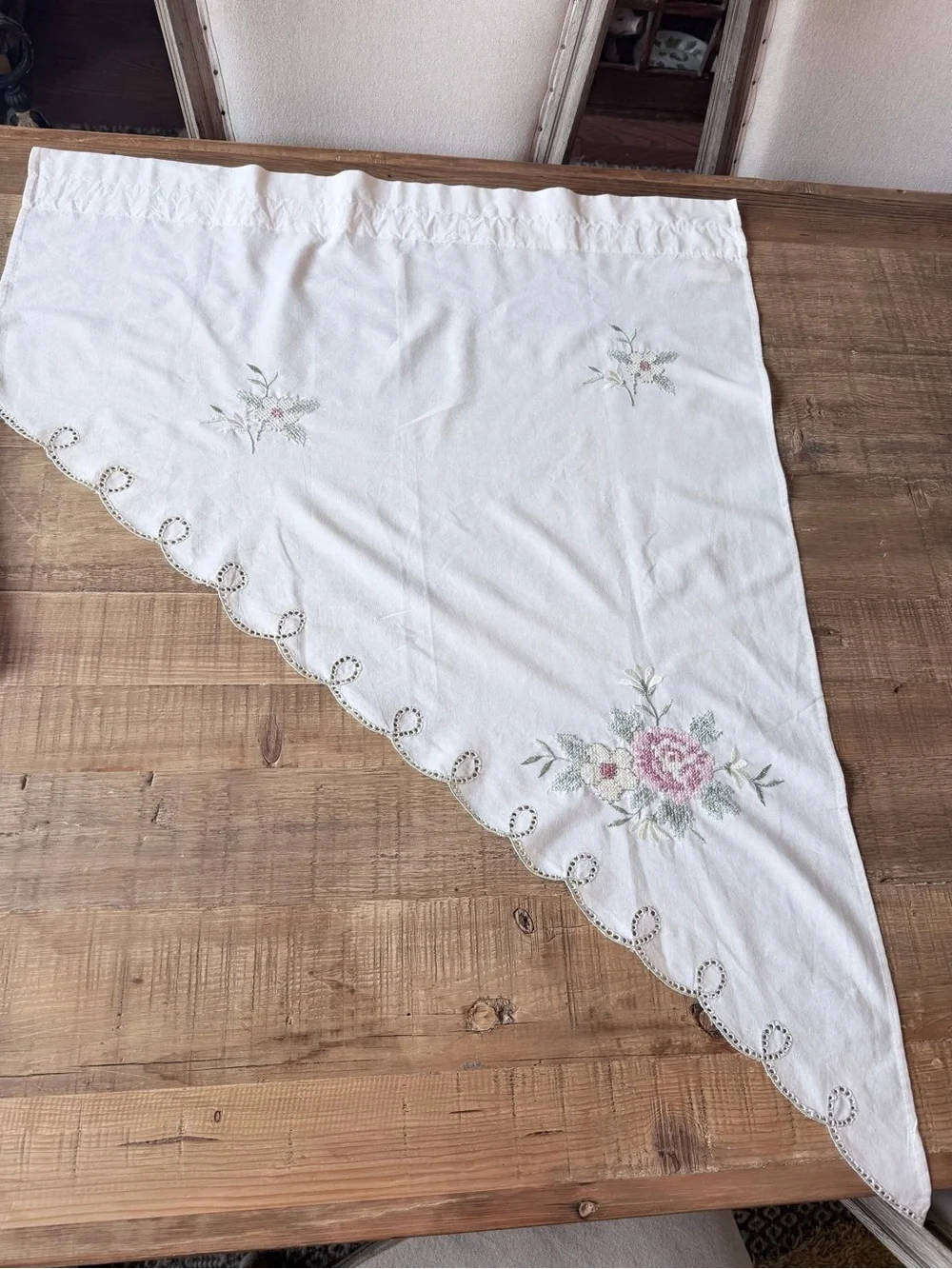 Set (2) Vintage Embroidered Floral Cottagecore Valances. Ecru | Cross Stitched